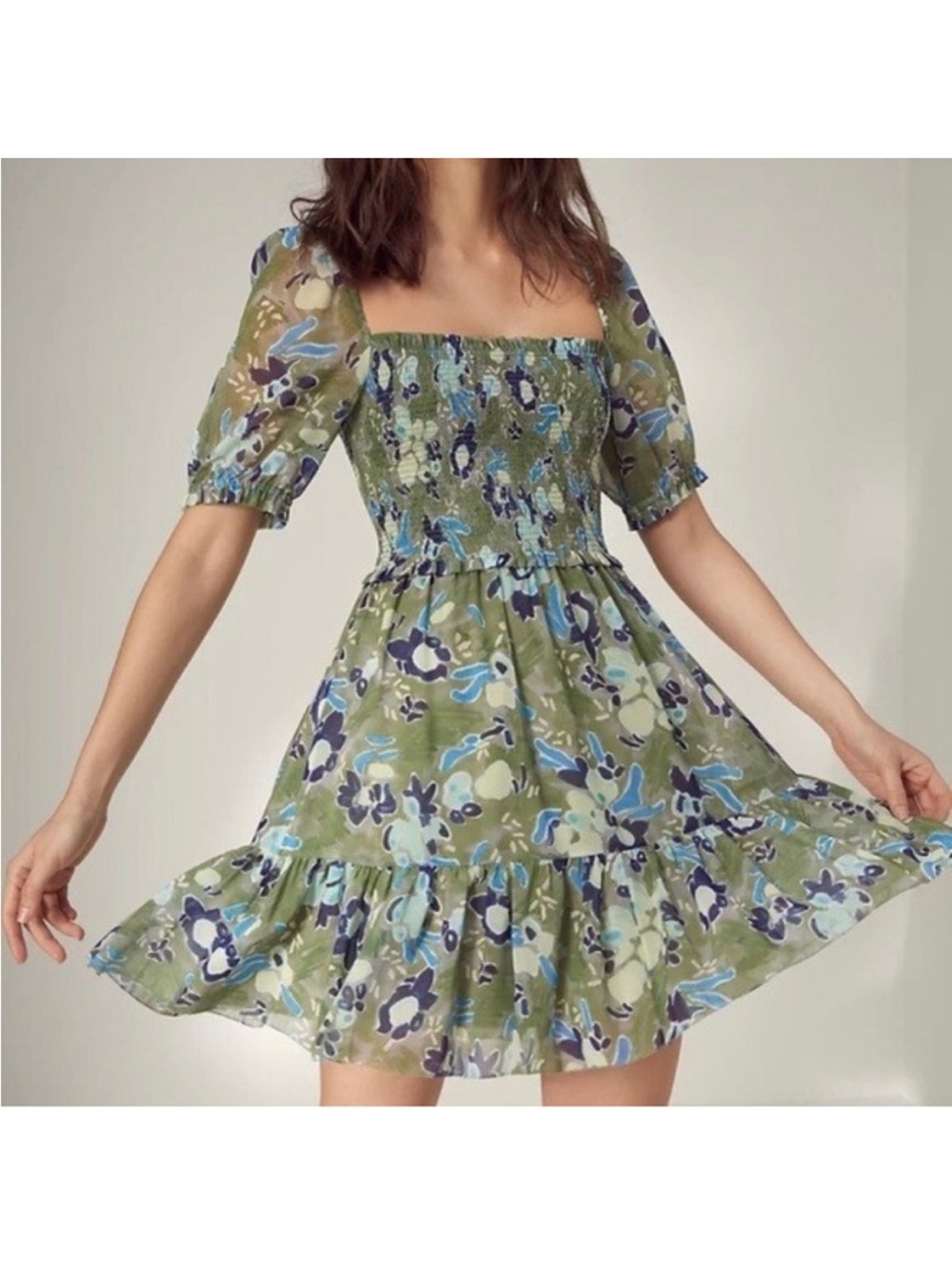 Wilfred Aritzia Green Floral Smocked Off-Shoulder Mini Dress XS